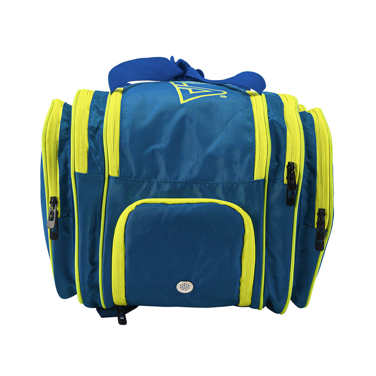 Straight-on view of the bottom of the JOOLA Tour Elite Pickleball Duffle in Navy & Yellow Navy/Yellow