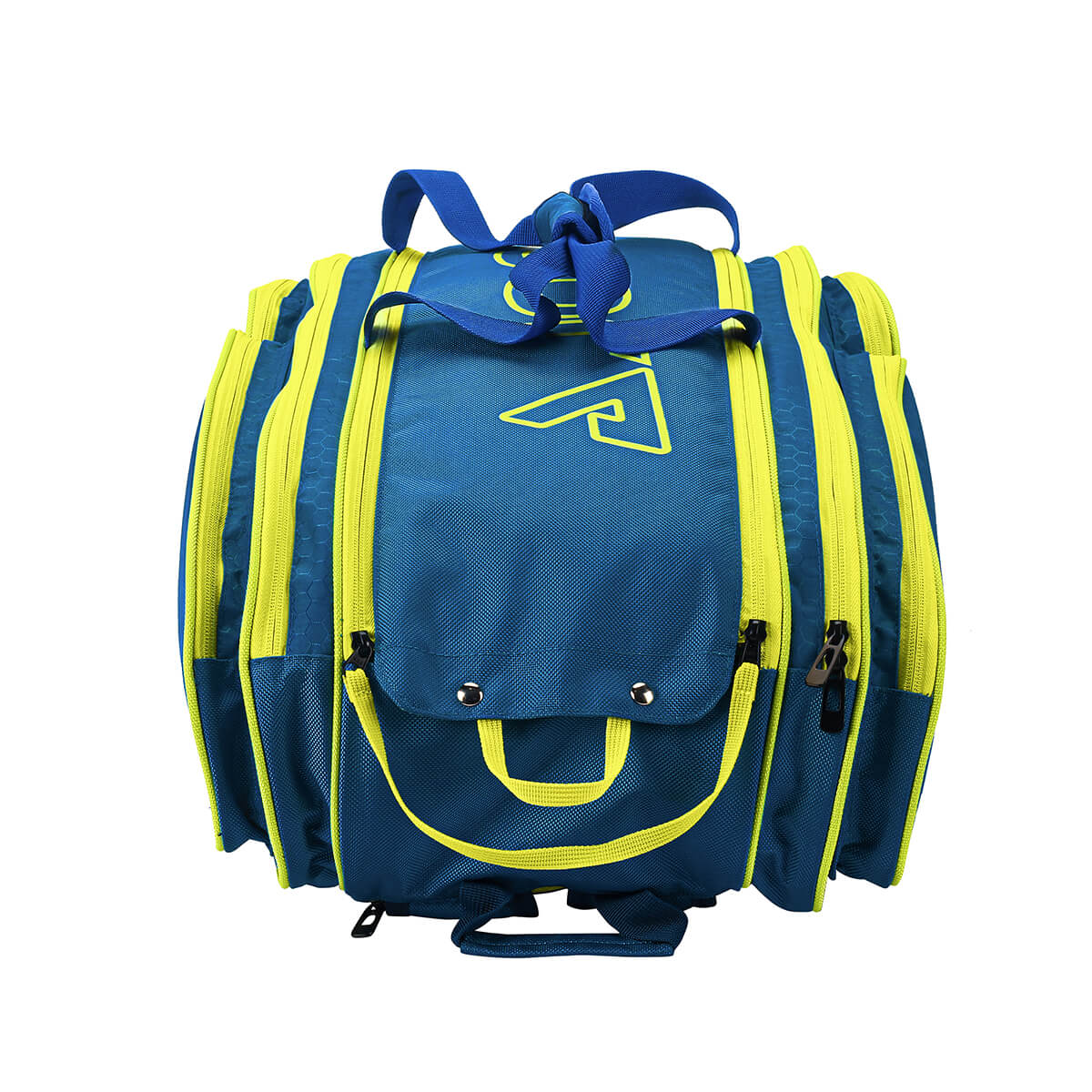 Straight-on view of the top of the JOOLA Tour Elite Pickleball Duffle in Navy & Yellow Navy/Yellow