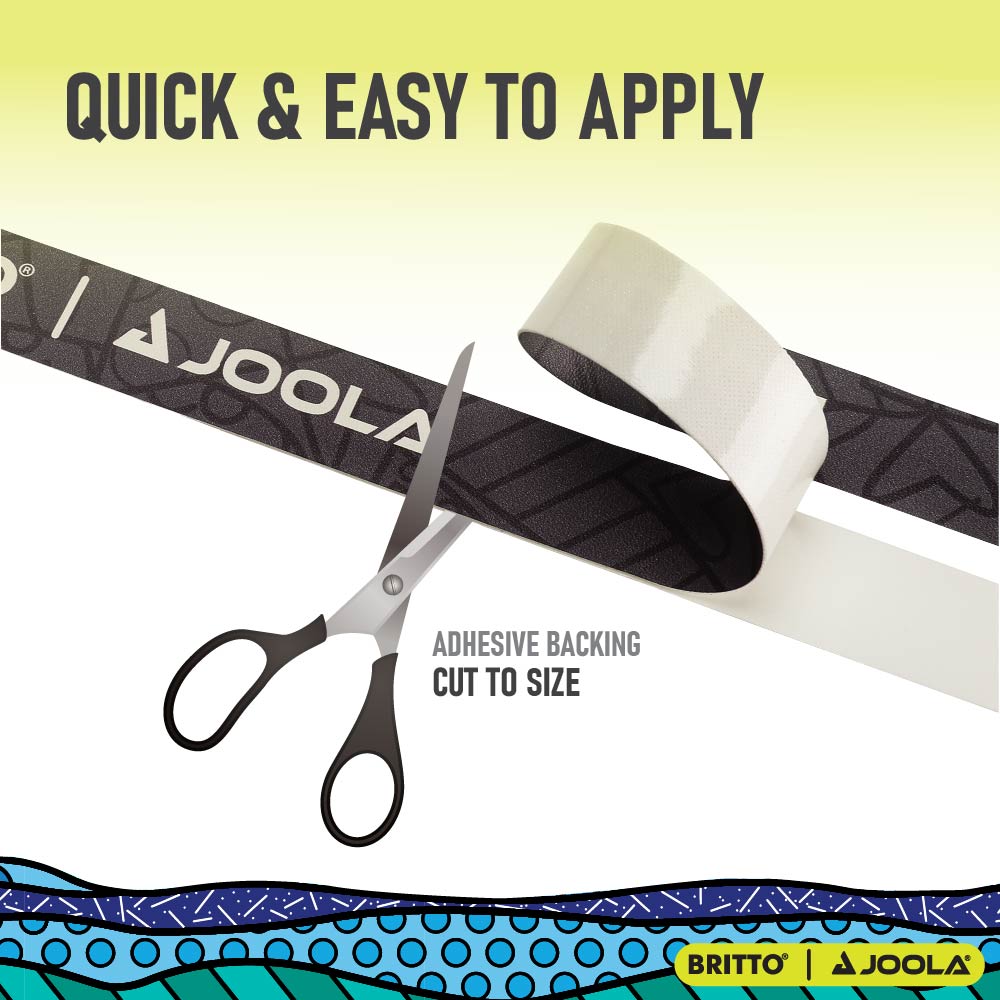 Infographic showing how to quick and easy it is to apply JOOLA x Britto edge guard tape.