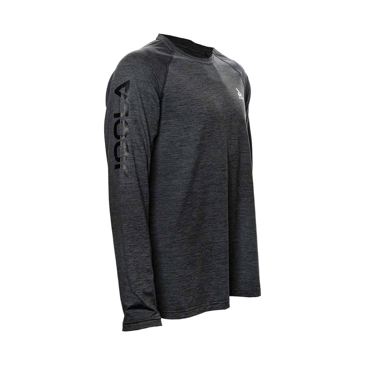 White Background Image: Long-sleeved JOOLA Ben Johns Motion crewneck shirt in Heather Charcoal with white stacked JOOLA logo on upper left chest. Heather Charcoal