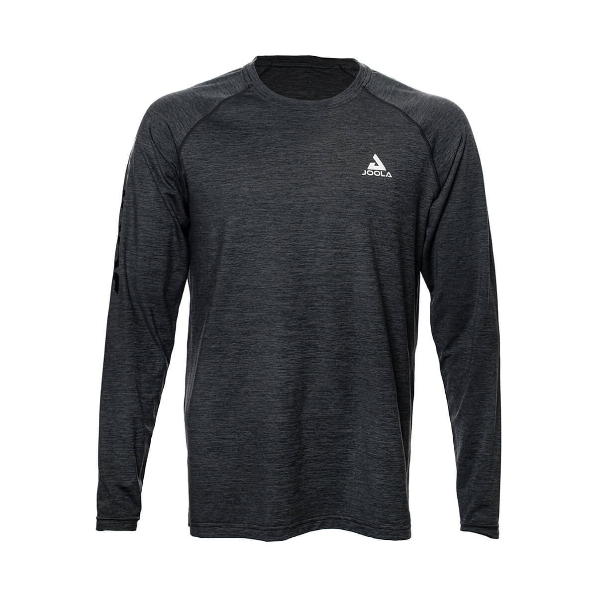 White Background Image: Long-sleeved JOOLA Ben Johns Motion crewneck shirt in Heather Charcoal with white stacked JOOLA logo on upper left chest. Heather Charcoal