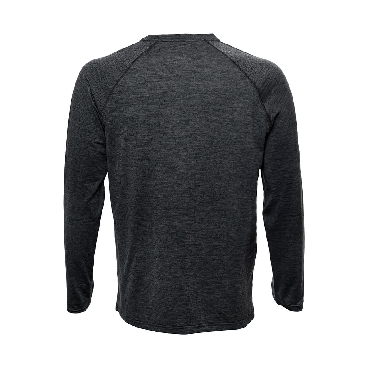 White Background Image: Back of long-sleeved JOOLA Ben Johns Motion crewneck shirt in Heather Charcoal. Heather Charcoal