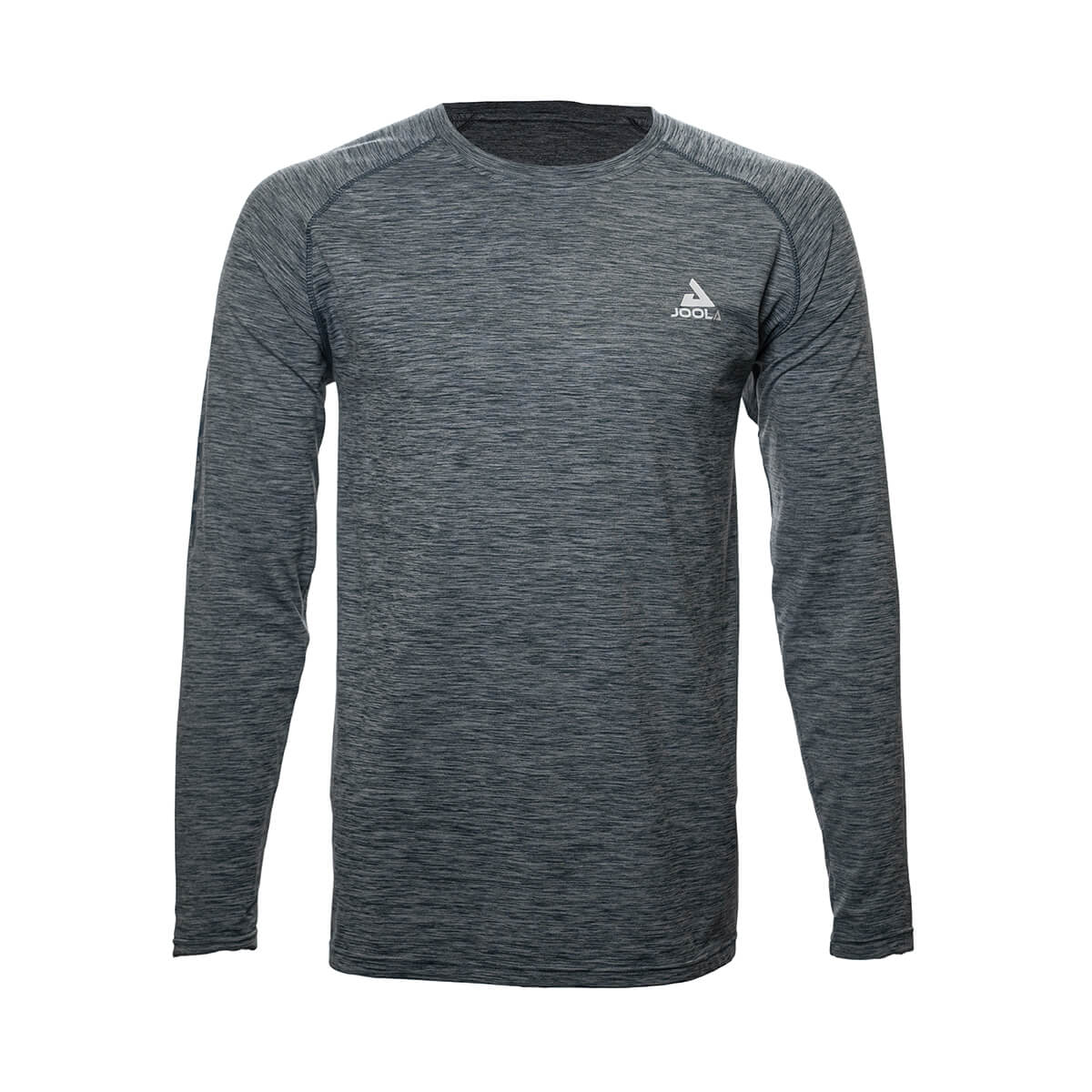 White Background Image: Long-sleeved JOOLA Ben Johns Motion crewneck shirt in Heather Grey with white stacked JOOLA logo on upper left chest. Heather Grey
