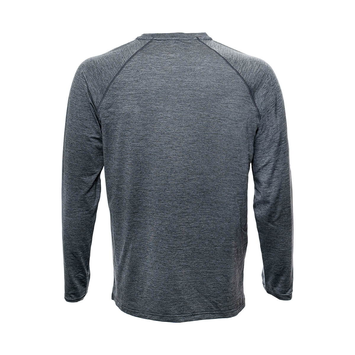 White Background Image: Back of long-sleeved JOOLA Ben Johns Motion crewneck shirt in Heather Grey. Heather Grey