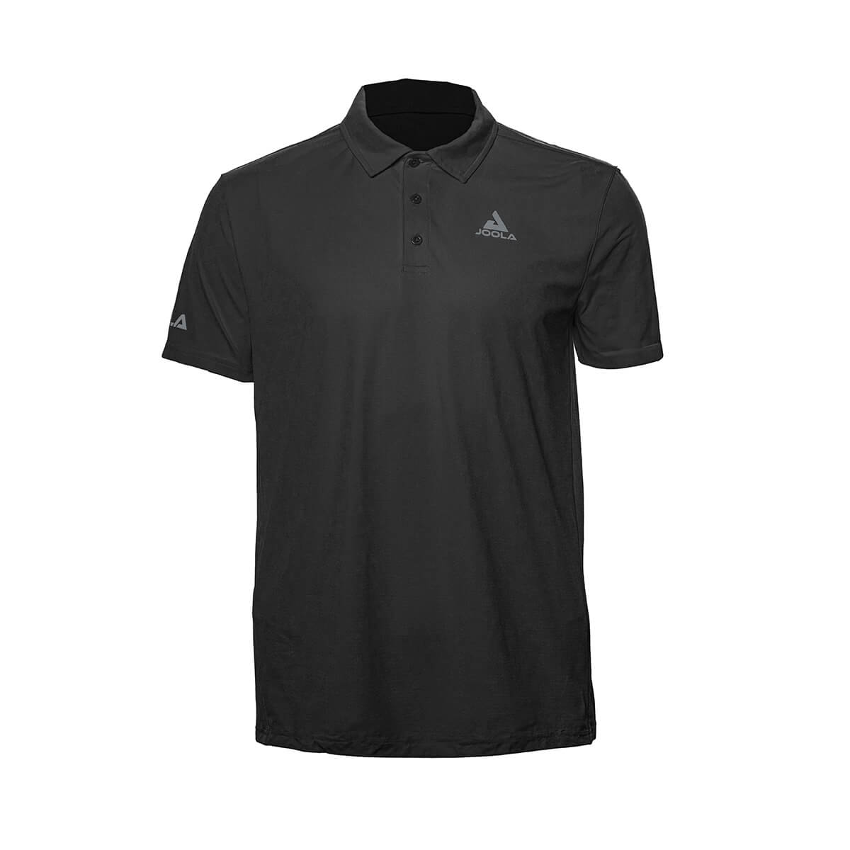 White Background Image: JOOLA Ben Johns React Polo in Blue Graphite with white stacked JOOLA logo on left chest and white horizontal JOOLA logo across right sleeve. Blue Graphite