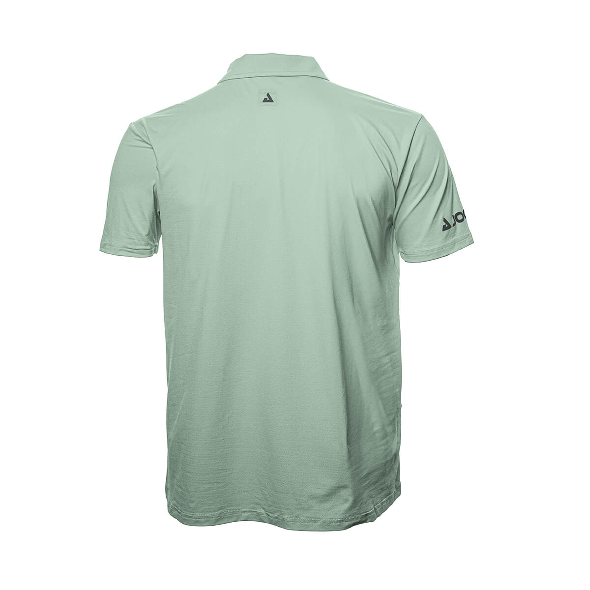 White Background Image: JOOLA Ben Johns React Polo in Dusty Aqua with black stacked JOOLA logo below the back collar and black horizontal JOOLA logo across right sleeve. Dusty Aqua