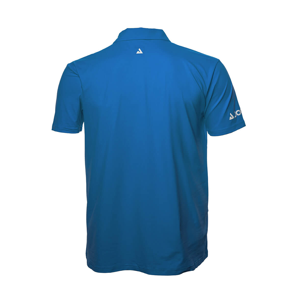 White Background Image: JOOLA Ben Johns React Polo in Nobility Blue with white stacked JOOLA logo below the back collar and white horizontal JOOLA logo across right sleeve. Nobility Blue