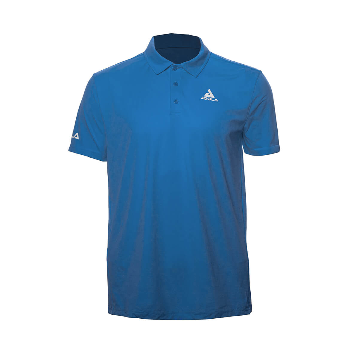 White Background Image: JOOLA Ben Johns React Polo in Nobility Blue with white stacked JOOLA logo on left chest and white horizontal JOOLA logo across right sleeve. Nobility Blue