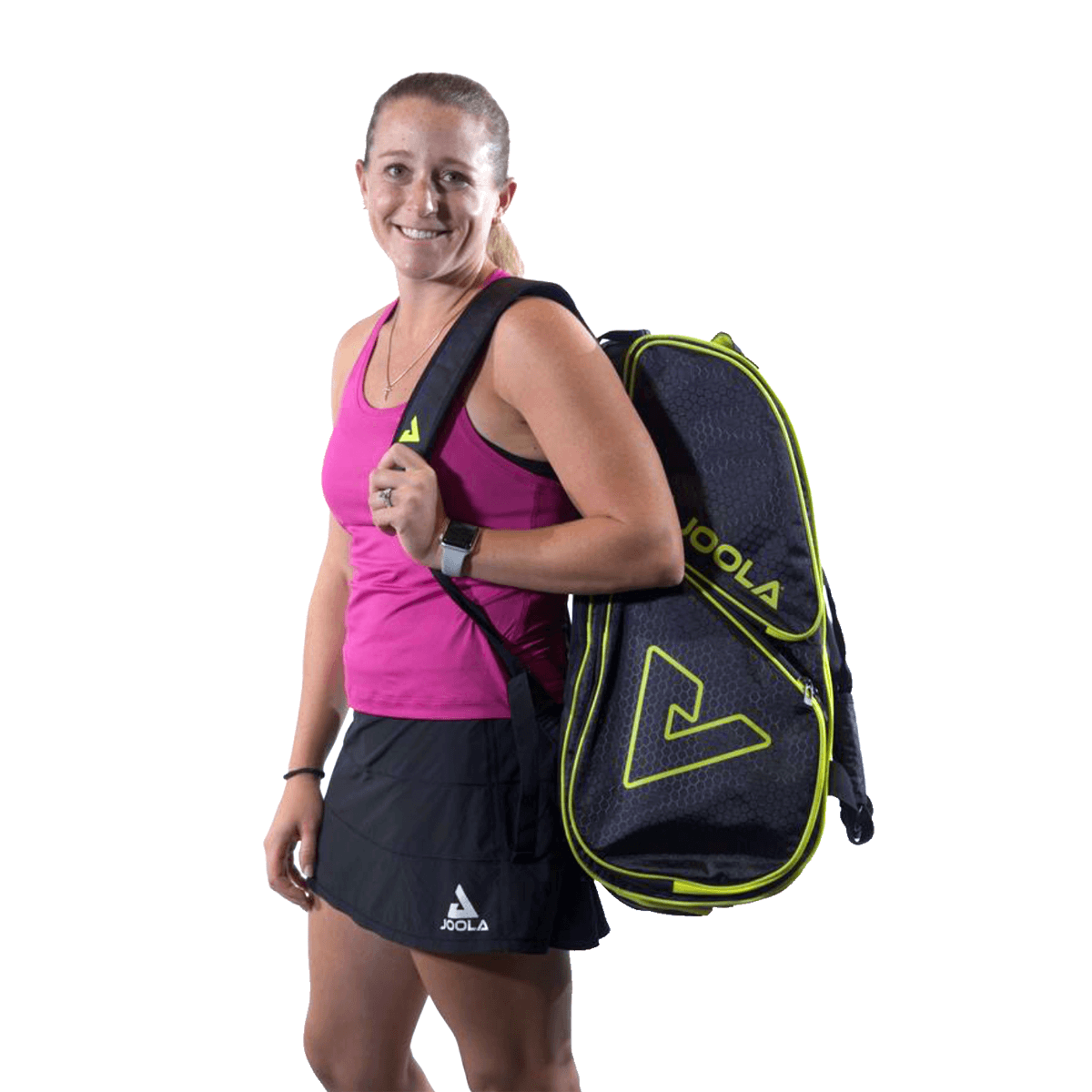 Image: Brooke Buckner posing with a Black/Yellow JOOLA Tour Elite Duffle Bag Black/Yellow