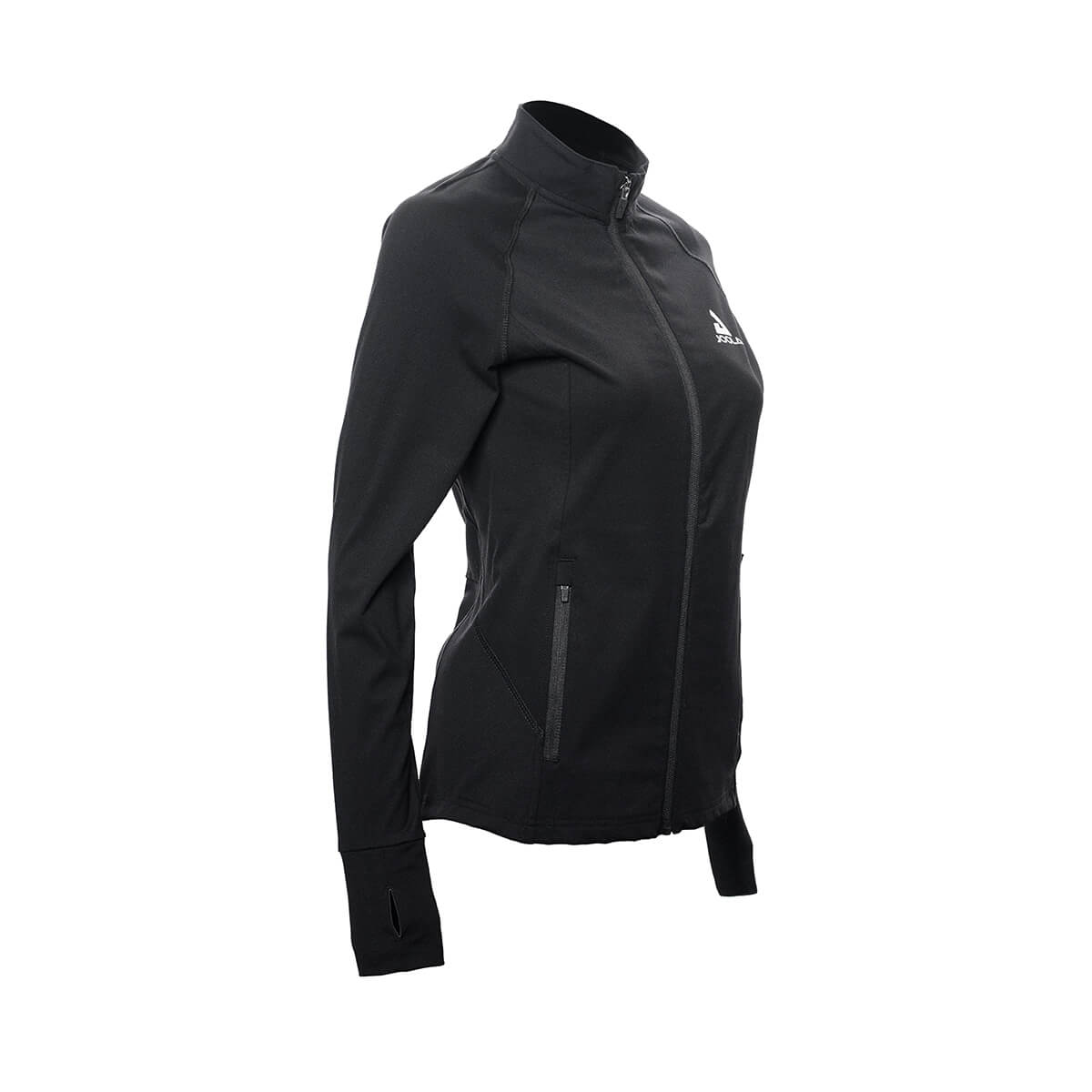 White Background Image: Long-sleeved JOOLA Contender Womens Jacket in Black with zipper, zipped side pocket, and white stacked JOOLA logo on left chest Black