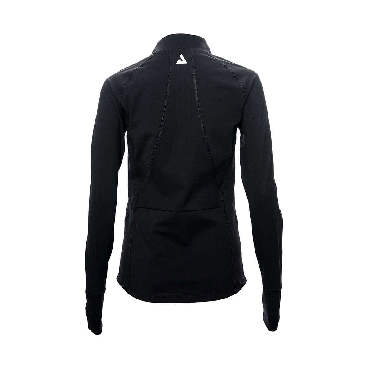 White Background Image: Back view of long-sleeved JOOLA Contender Womens Jacket in Black with white stacked JOOLA logo behind collar Black