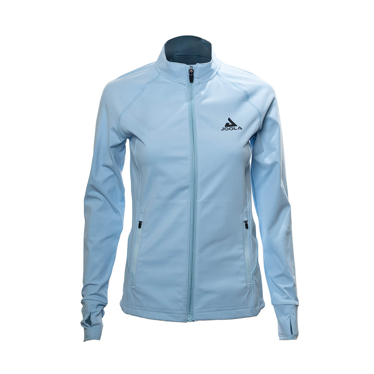 White Background Image: Long-sleeved JOOLA Contender Womens Jacket in Light Blue with zipper and black stacked JOOLA logo on left chest Light Blue