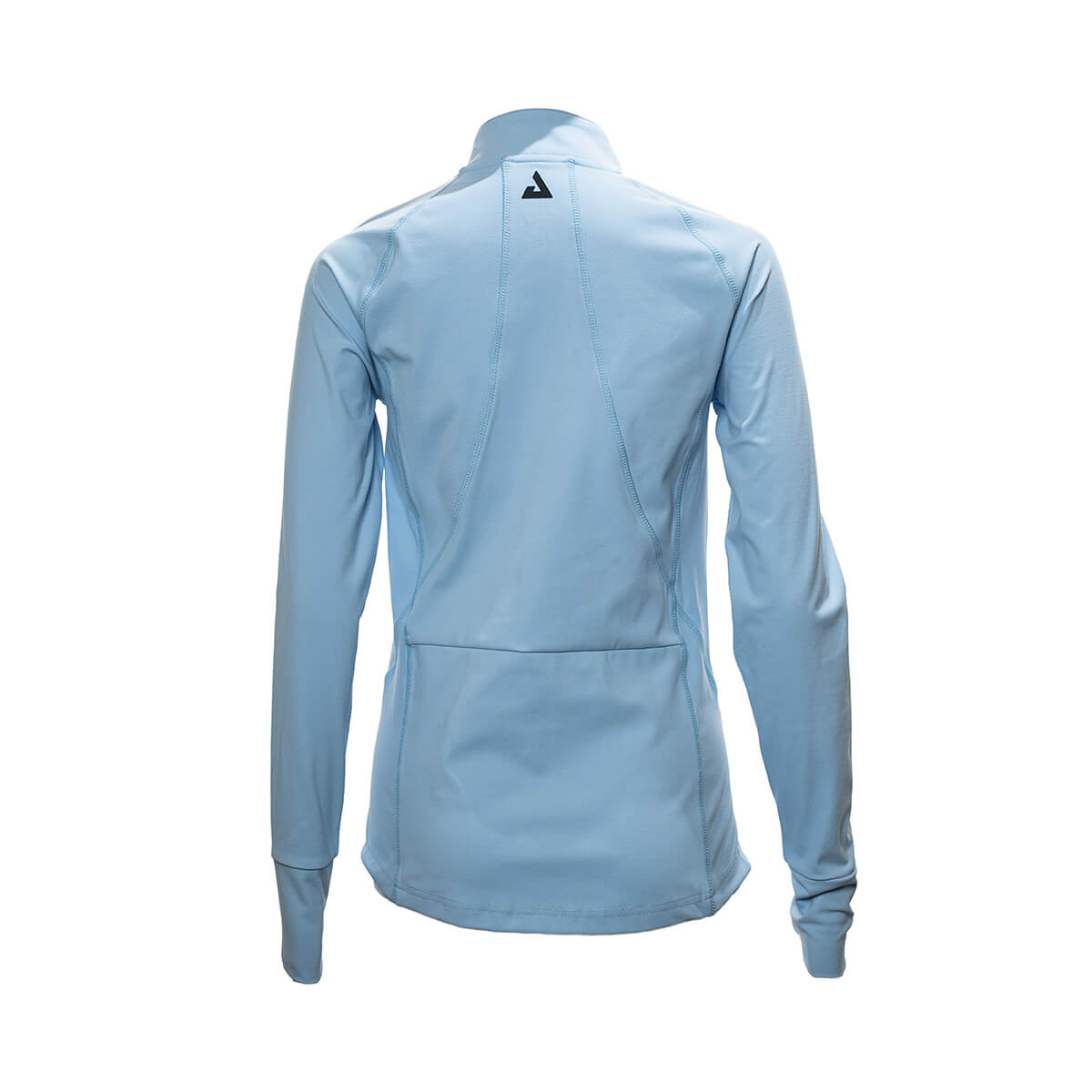 White Background Image: Back view of long-sleeved JOOLA Contender Womens Jacket in Black with black stacked JOOLA logo behind collar Light Blue