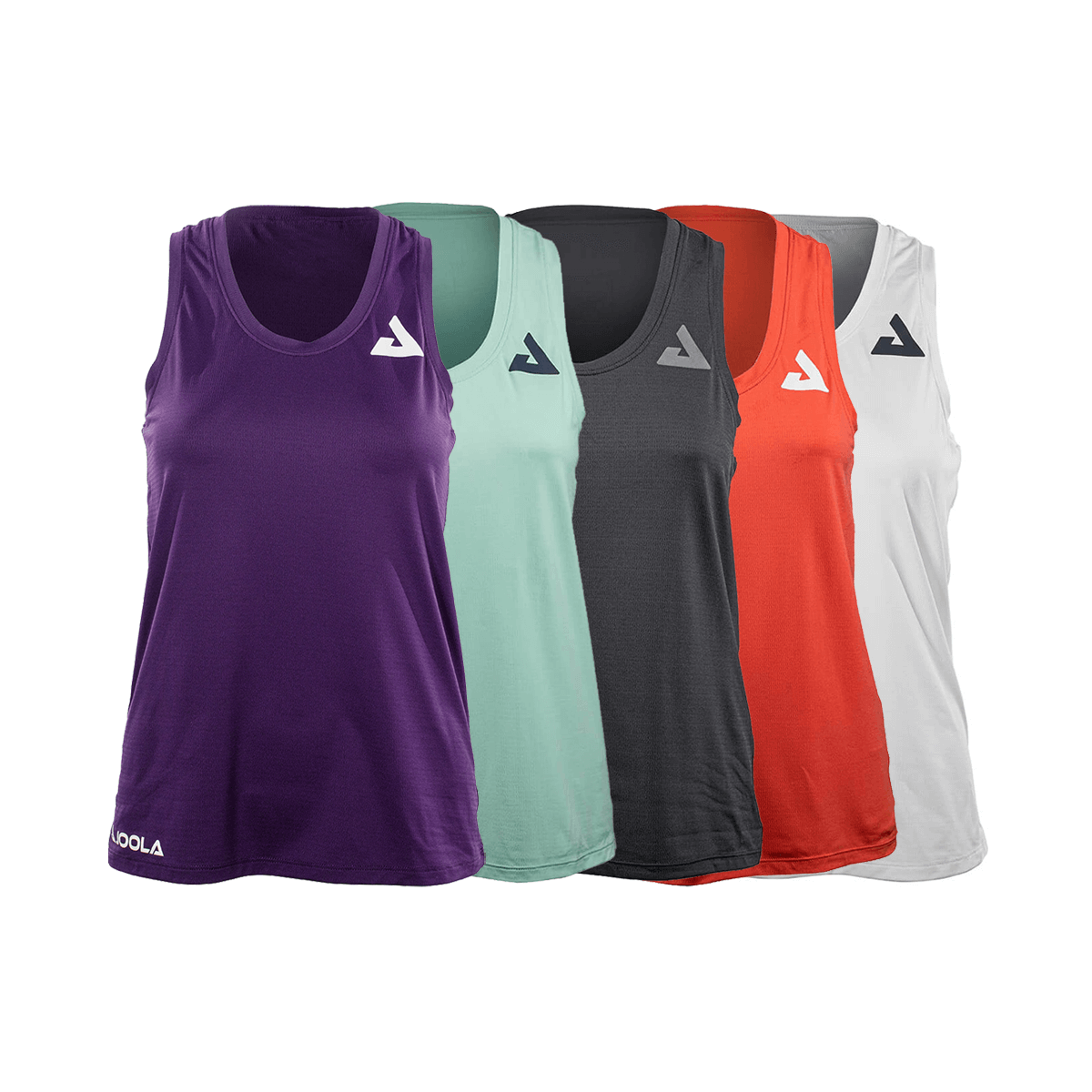 White Background Image: JOOLA Flow Tank Top in Blackberry Cordial, Dusty Aqua, Blue Graphite, Hot Coral, and White
