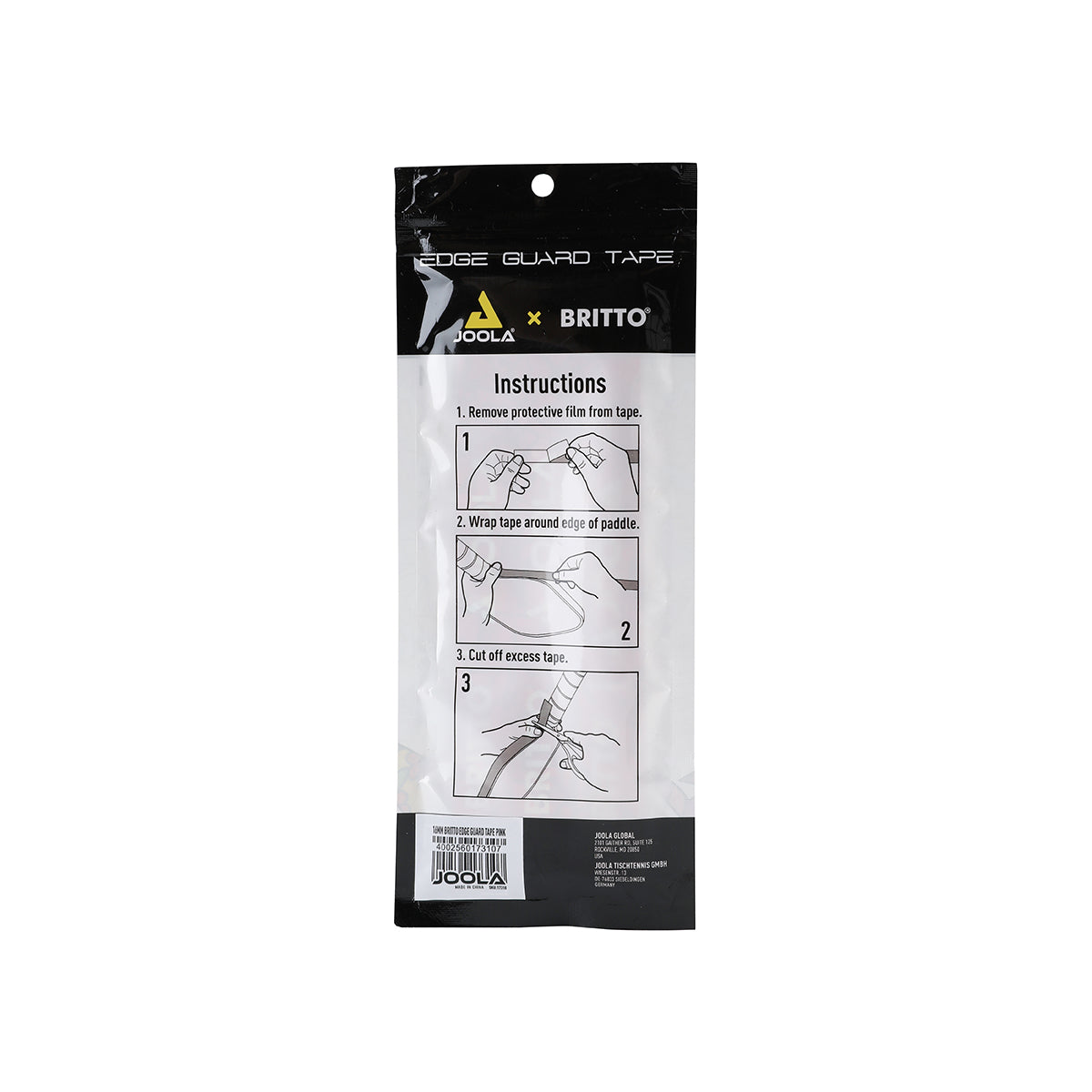 White background image, the backside of a package of JOOLA X BRITTO Pickleball edge guard tape, pink.